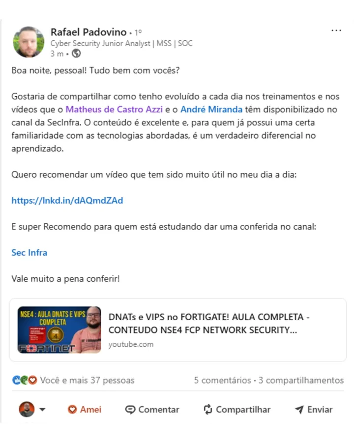 Depoimento de aluno SecInfra 10